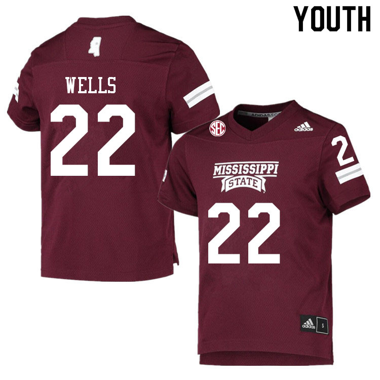Youth #22 Omni Wells Mississippi State Bulldogs College Football Jerseys Sale-Maroon